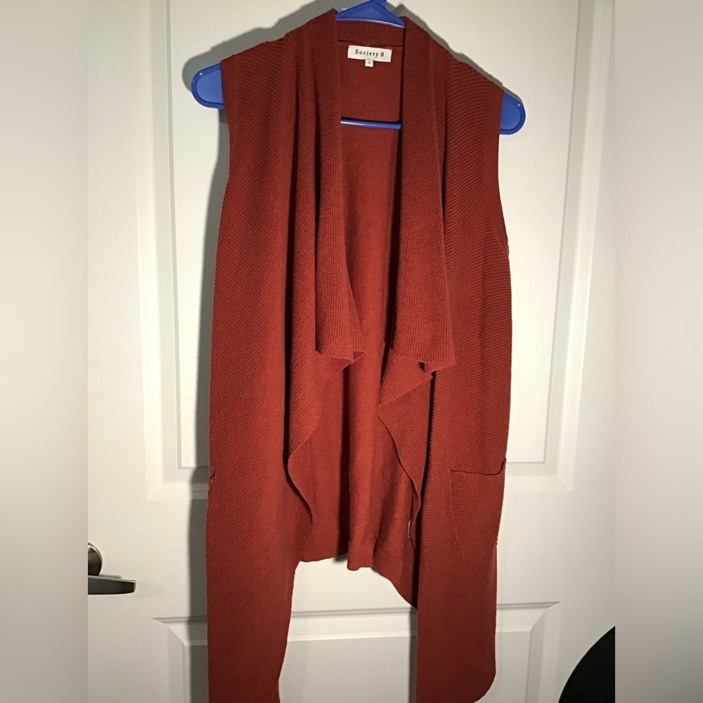 Society 8 Rust Red Sleeveless Open Drape Cardigan Size L